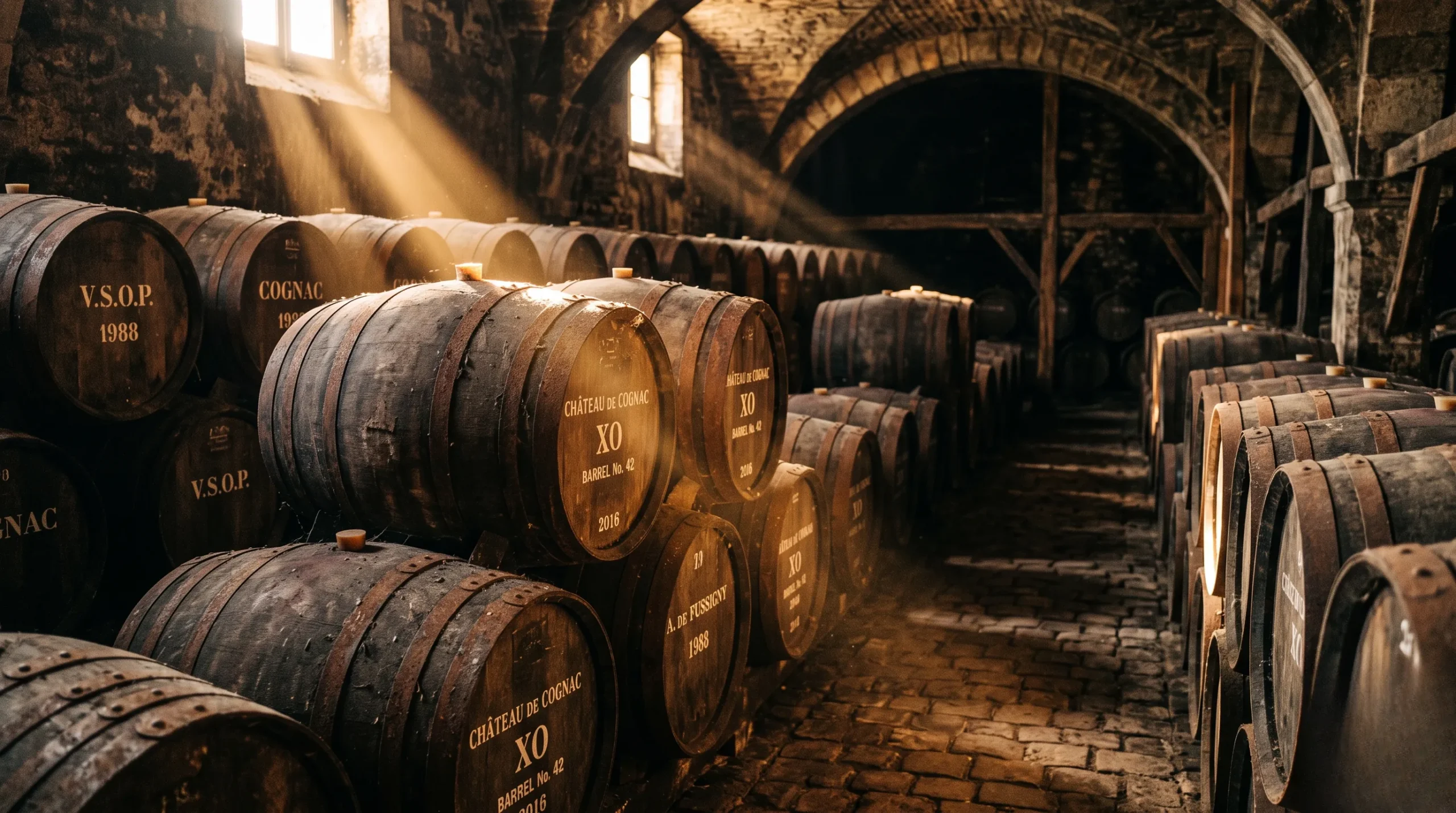 Rows of traditional aged oak barrels in a dark atmospheric cellar in Cognac, France.