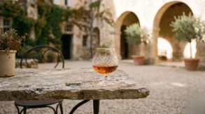 A classic crystal glass of amber cognac on an antique stone table in a French estate garden.