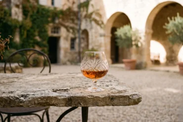 A classic crystal glass of amber cognac on an antique stone table in a French estate garden.