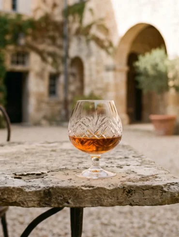 A classic crystal glass of amber cognac on an antique stone table in a French estate garden.