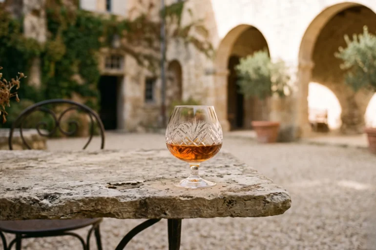 A classic crystal glass of amber cognac on an antique stone table in a French estate garden.