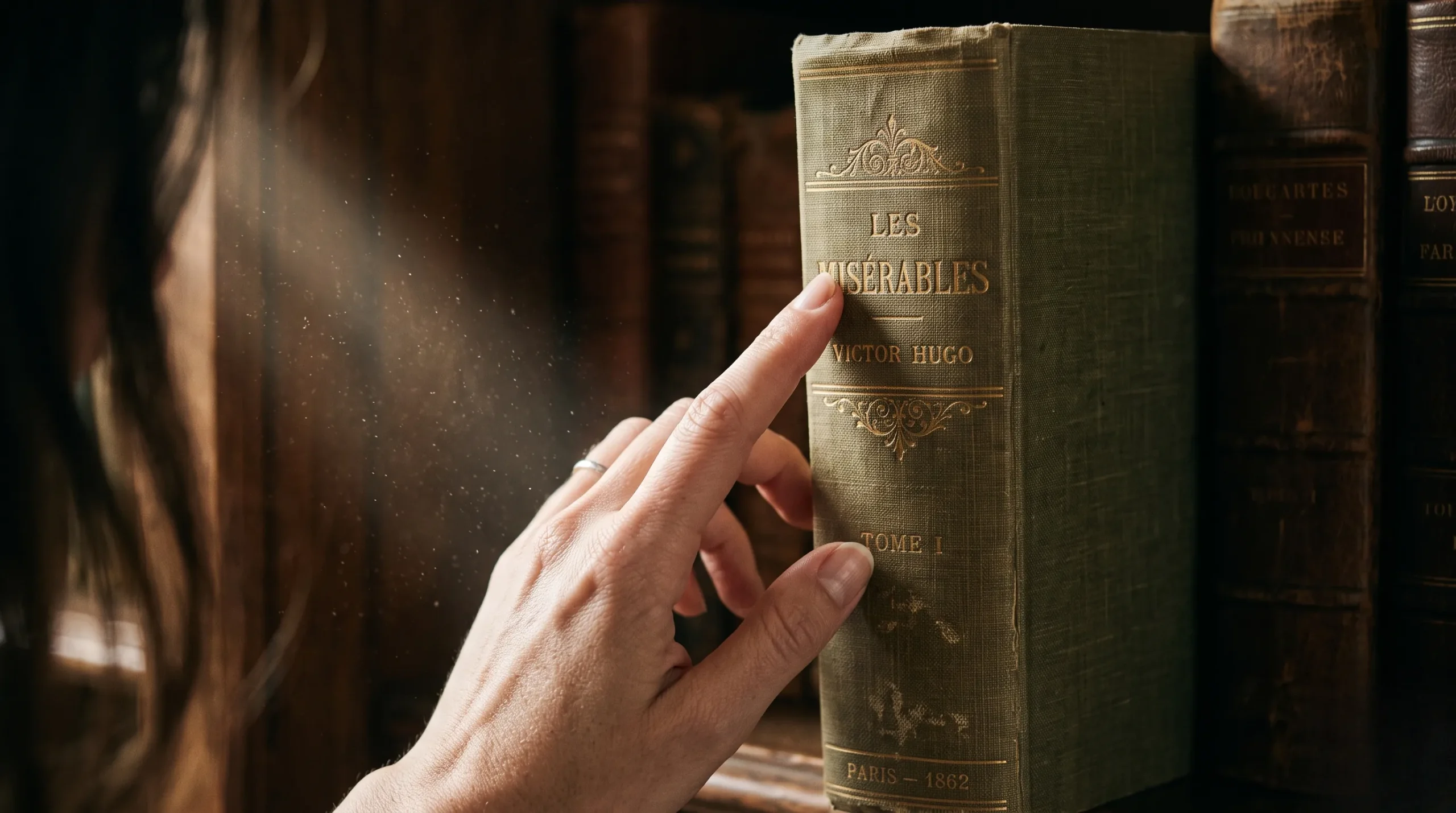 Close-up of a vintage French book spine in sunlight