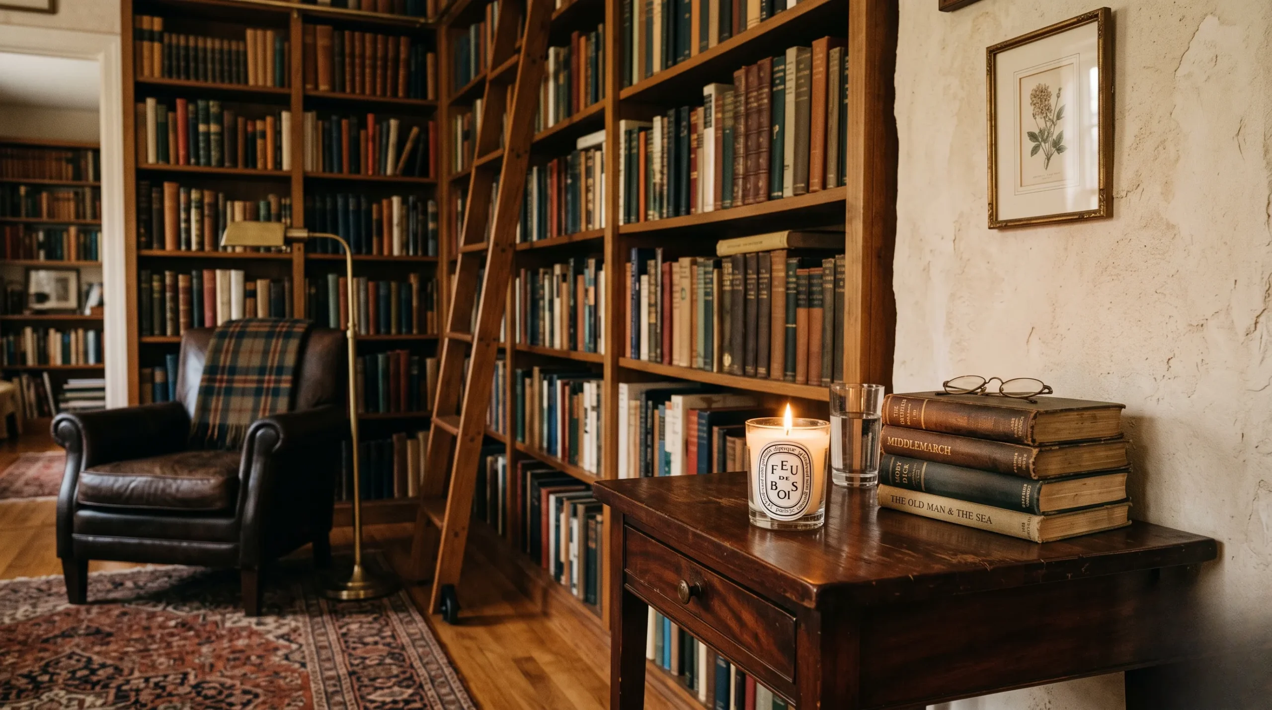 A lit Diptyque candle on a mahogany table in a quiet, book-filled home library.