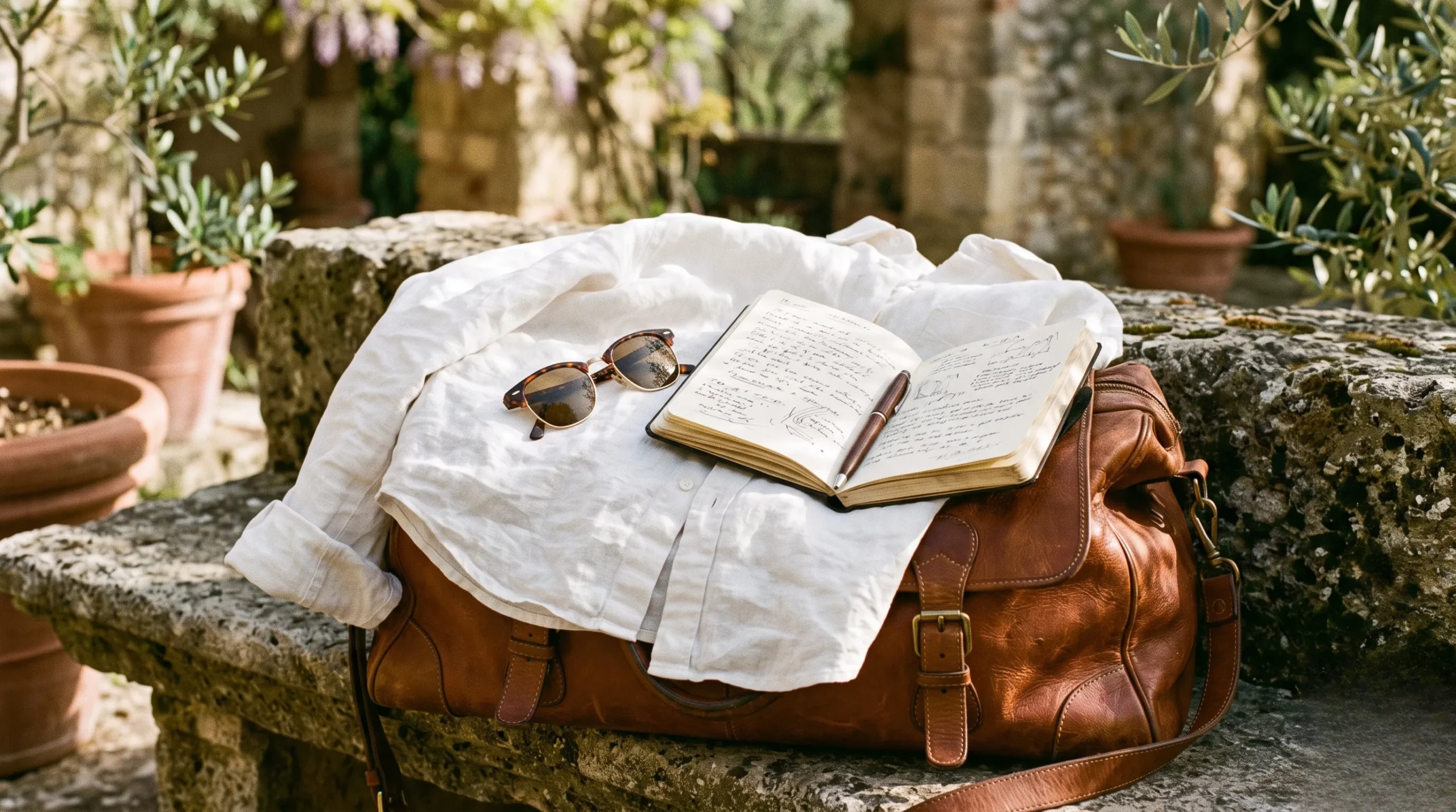 A close-up flat lay of an alabaster linen shirt, sienna leather bag, and vintage sunglasses resting on a stone bench.