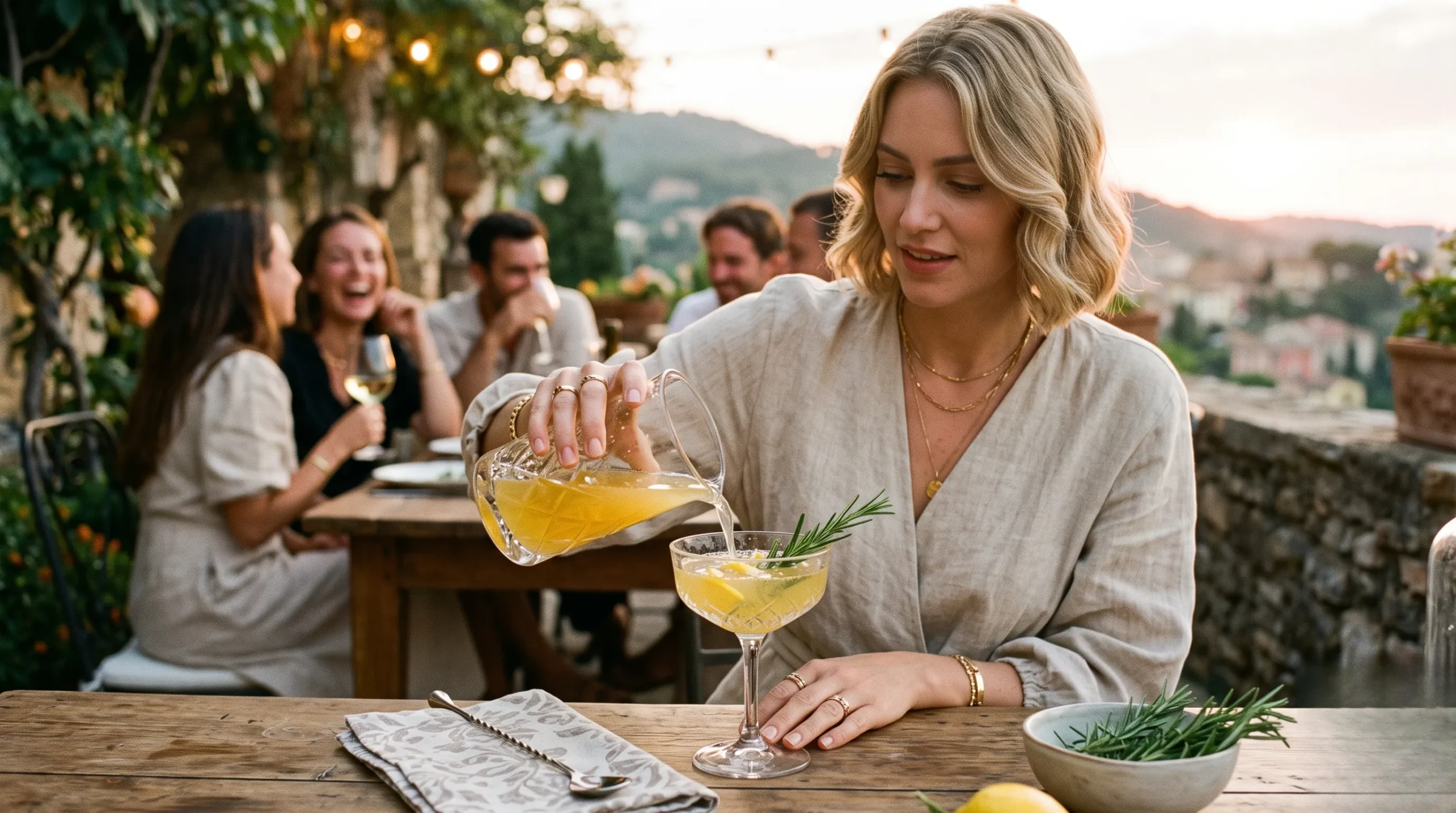 A guest in a cream linen dress pouring a golden French 75 variation cocktail with Chartreuse and a rosemary sprig into a crystal coupeglass at sunset. Bastille Day party