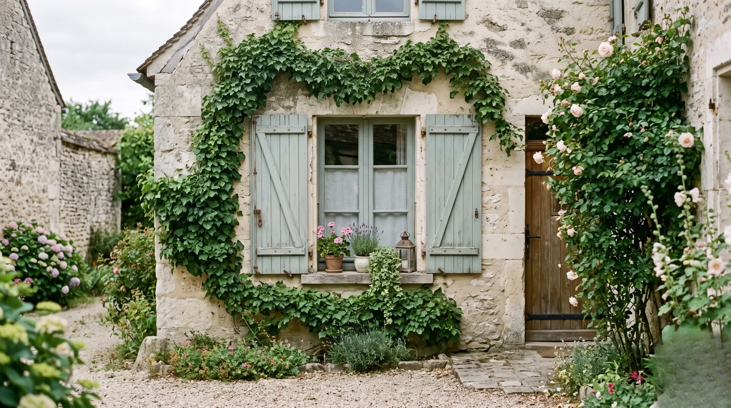 Closed rustic sage-blue wooden window shutters on an old stone cottage facade surrounded by green ivy in Provence.