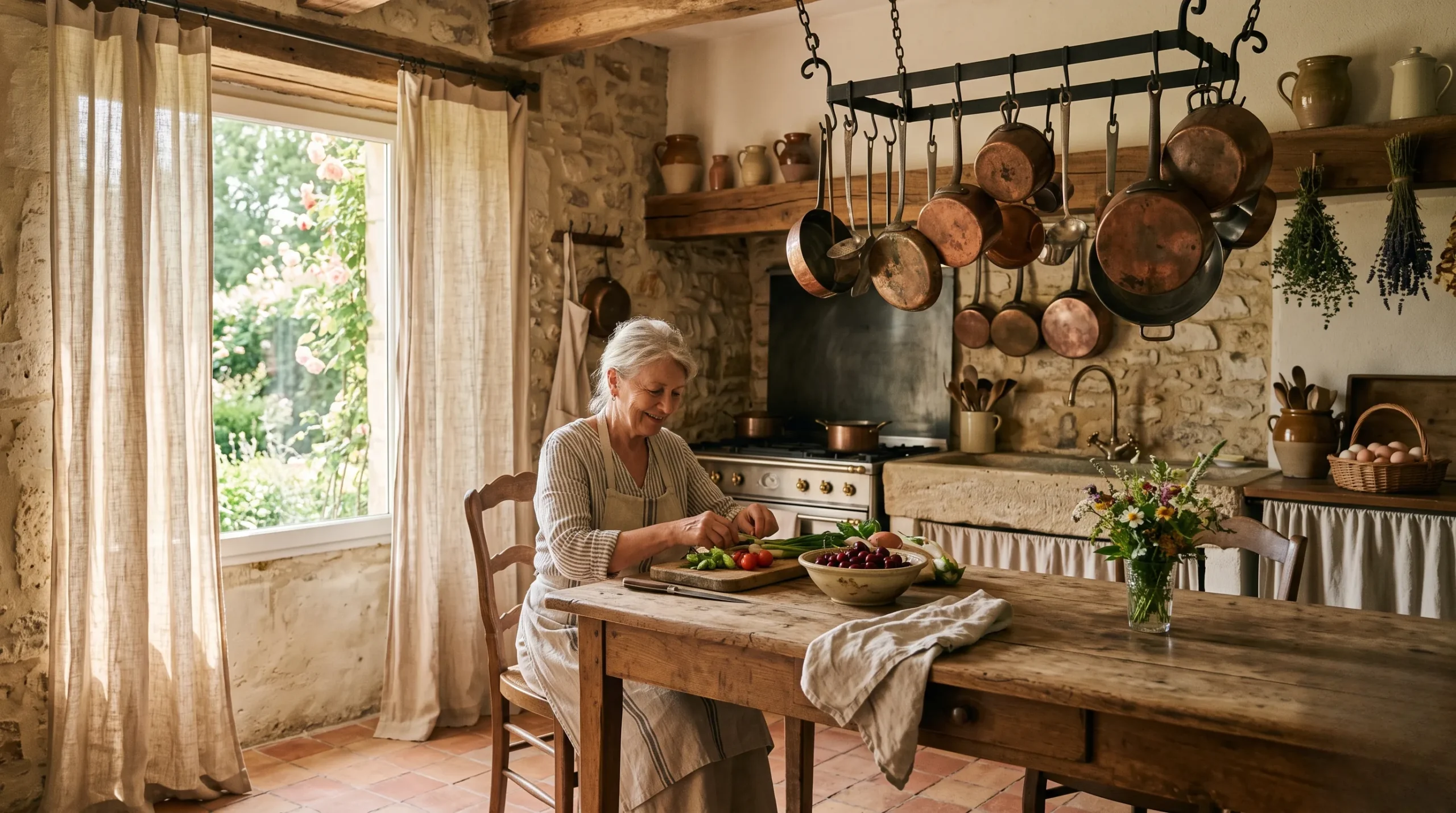 A sun-drenched rustic French kitchen with copper pots and an oak table. french country cooking