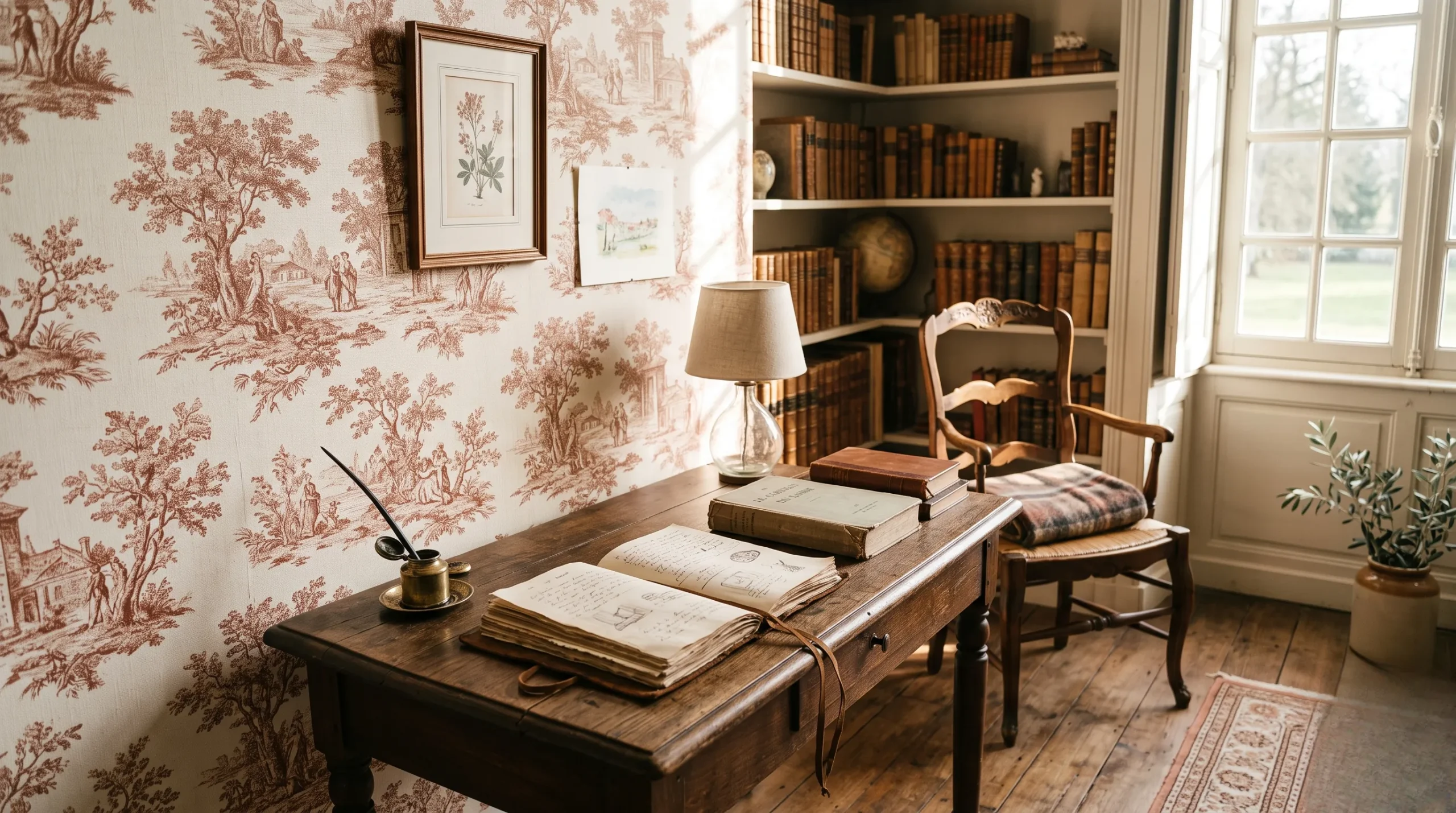 A nostalgic library corner in a French estate with sienna Toile de Jouy wallpaper and an antique desk in soft sunlight