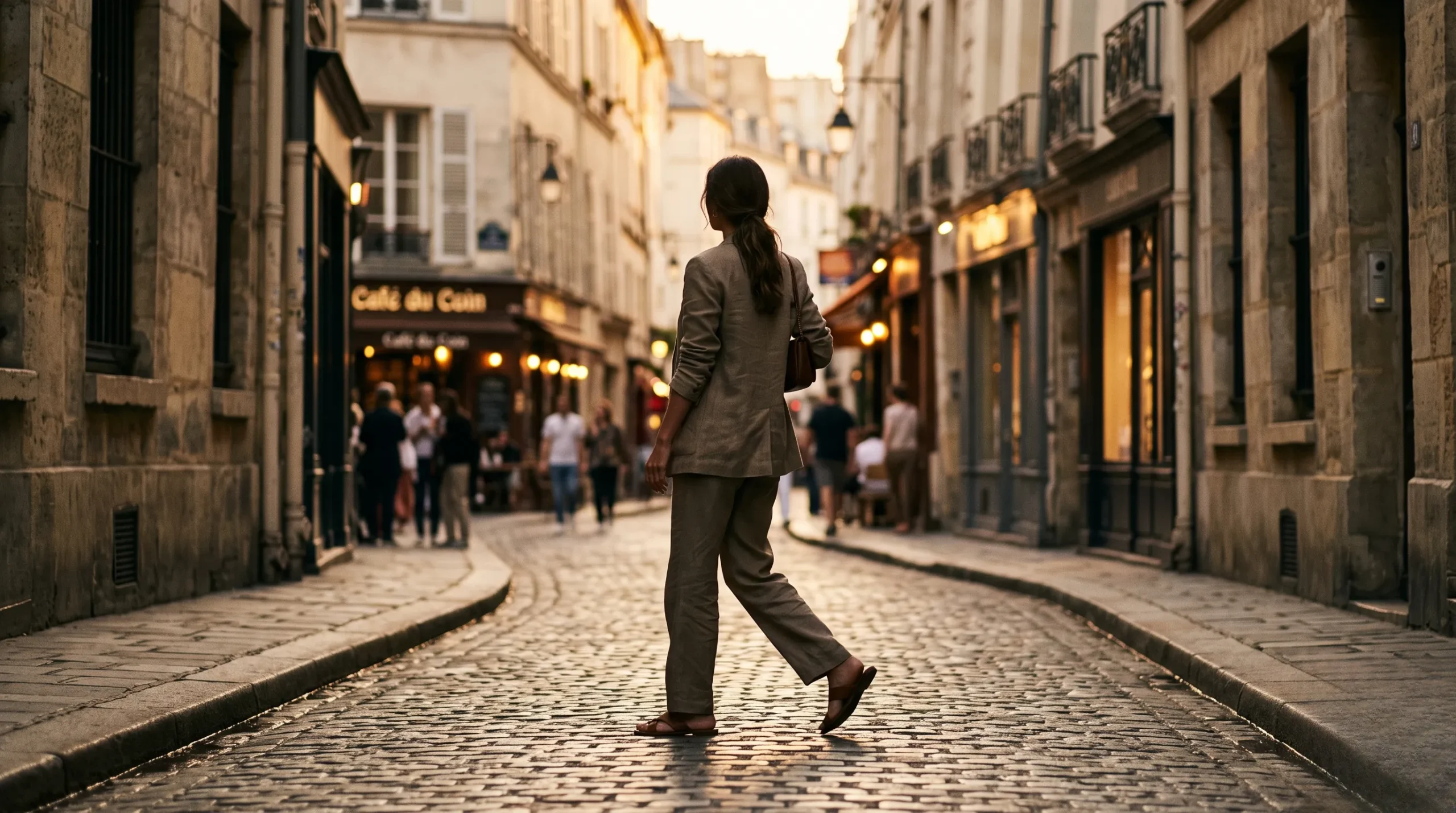 A woman in a chic linen blazer walking through the streets of Le Marais.