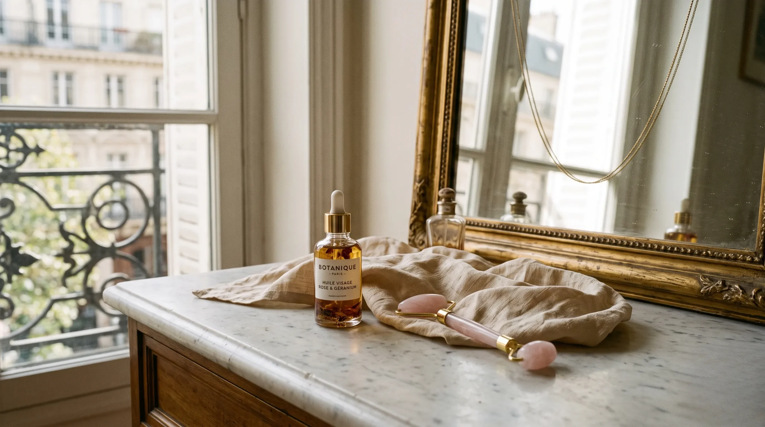 A sun-drenched Parisian vanity table with botanical facial oil and a rose quartz roller. holistic beauty routine