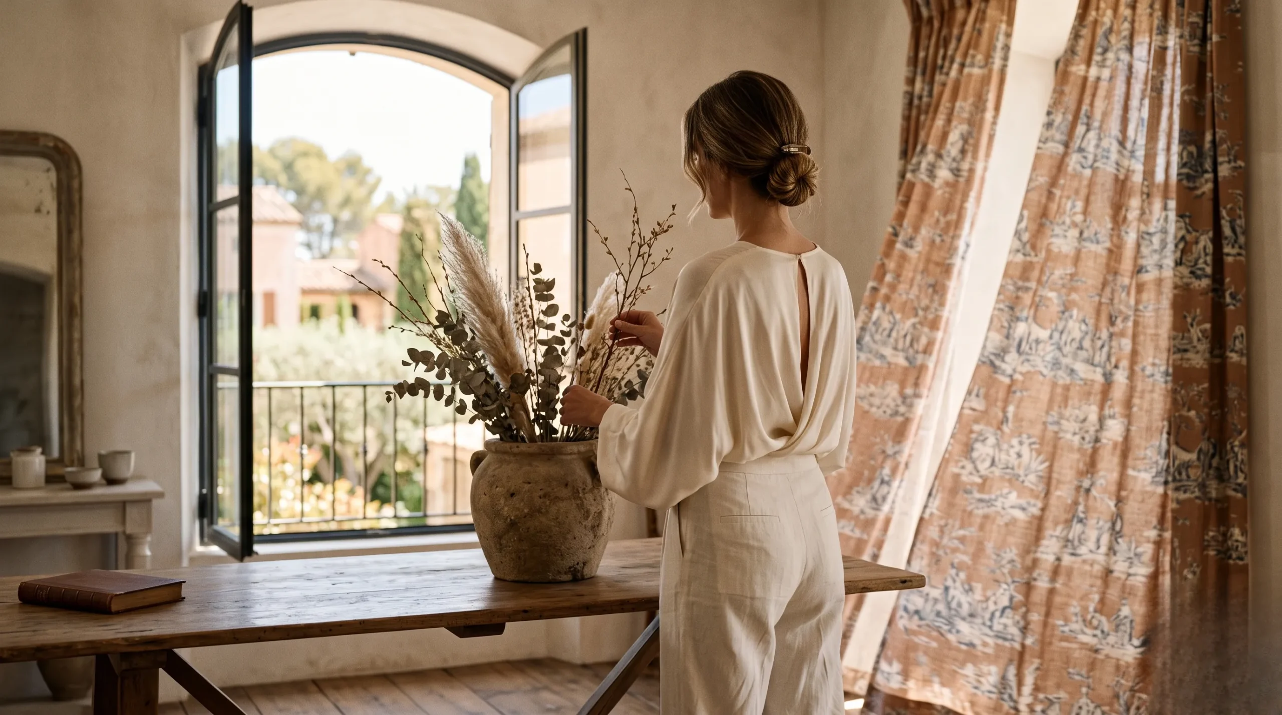 Elegant lifestyle shot of a woman in a cream silk shirt arranging branches with blurred Toile de Jouy drapes in the background