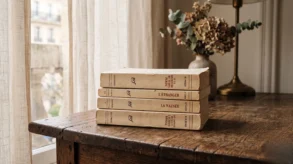 Minimalist French books in a sunlit home library