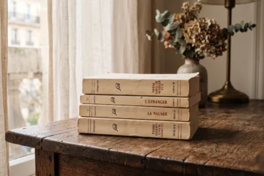 Minimalist French books in a sunlit home library