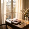 An elegant Parisian study with a leather planner on an oak desk in warm autumn sunlight.