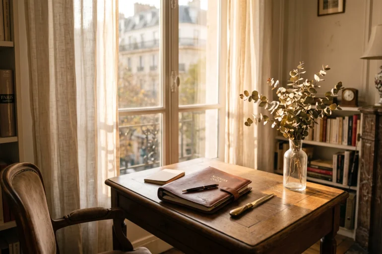 An elegant Parisian study with a leather planner on an oak desk in warm autumn sunlight.