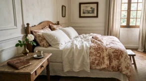 An elegant French manor bedroom with raw linen and sienna-toned Toile de Jouy bedding on a sunny morning