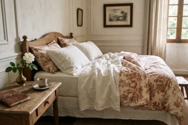 An elegant French manor bedroom with raw linen and sienna-toned Toile de Jouy bedding on a sunny morning