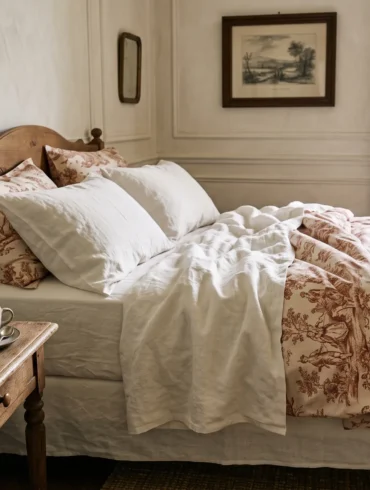 An elegant French manor bedroom with raw linen and sienna-toned Toile de Jouy bedding on a sunny morning