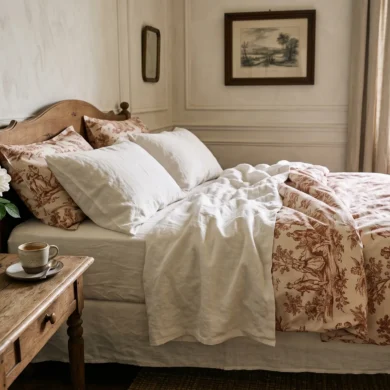 An elegant French manor bedroom with raw linen and sienna-toned Toile de Jouy bedding on a sunny morning