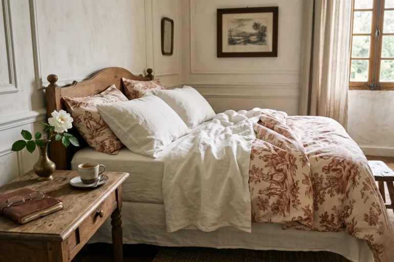 An elegant French manor bedroom with raw linen and sienna-toned Toile de Jouy bedding on a sunny morning