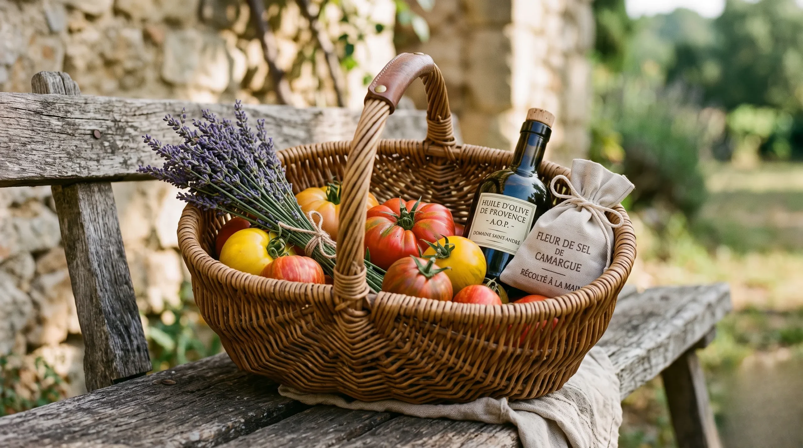 A detailed shot of a traditional French woven wicker market basket filled with heirloom tomatoes, fresh lavender, and olive oil on a wooden bench.