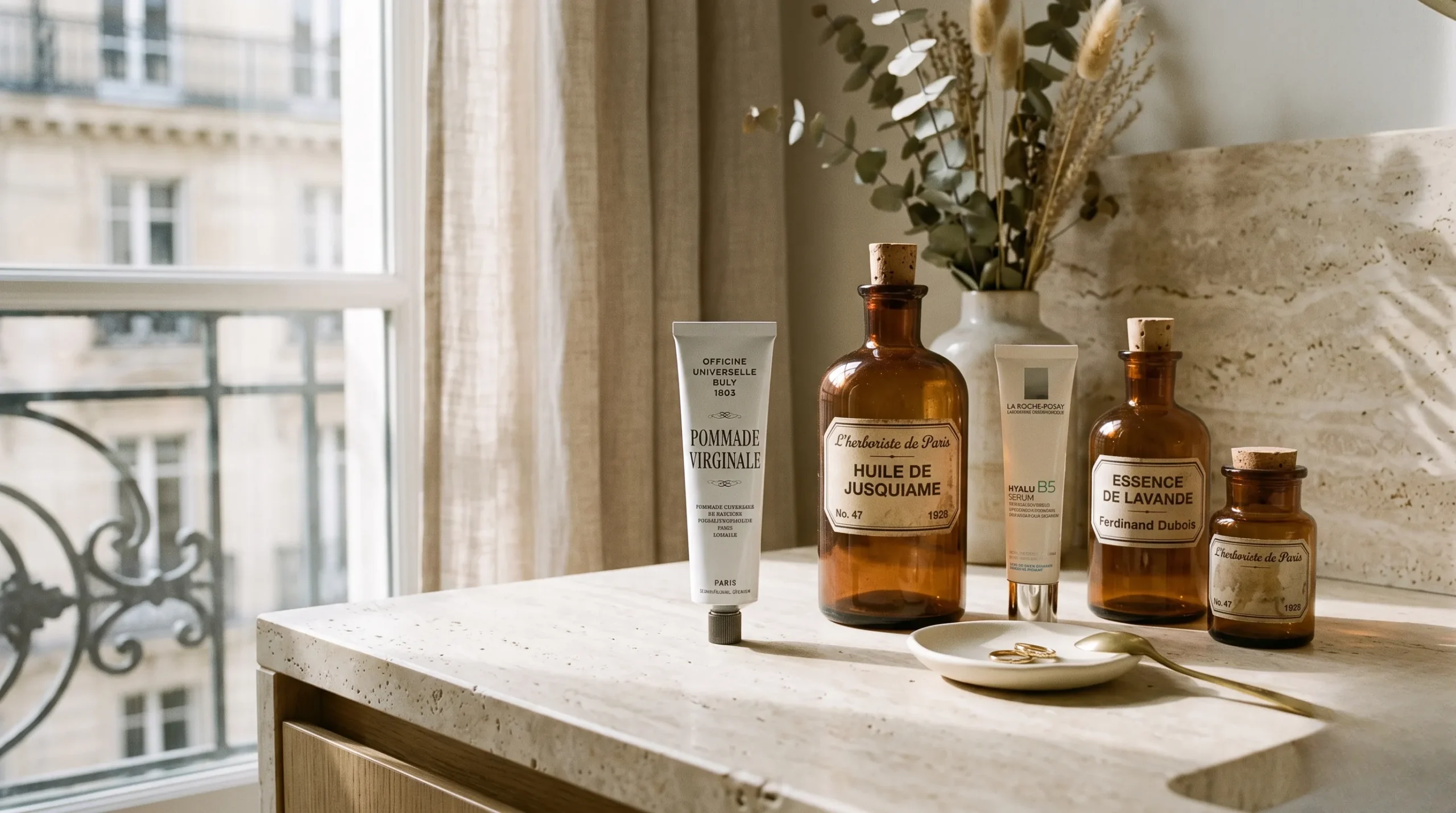An elegant collection of French pharmacy skincare products on an alabaster marble vanity table in warm natural sunlight