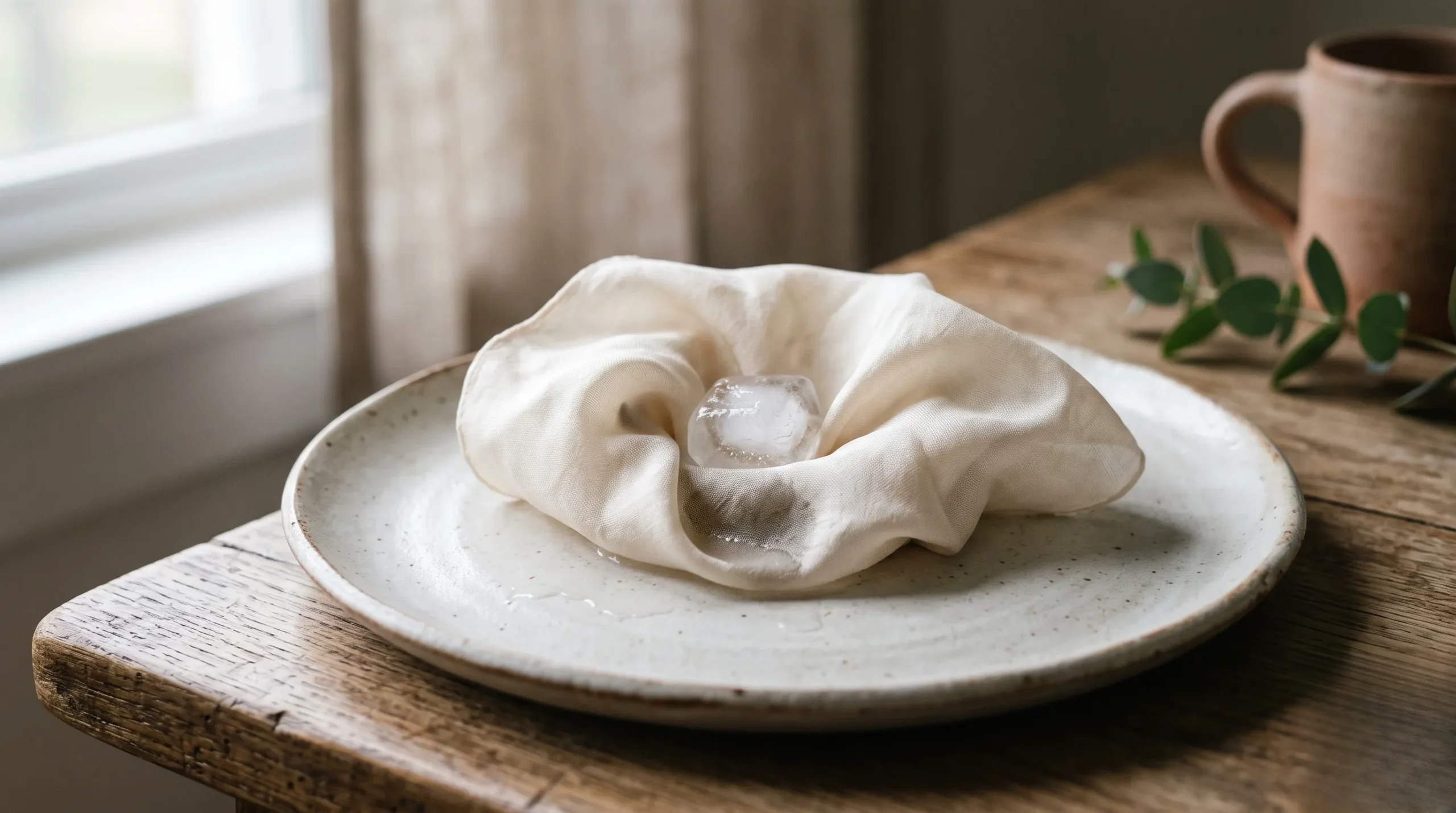 An ice cube wrapped in a delicate silk square on a ceramic plate