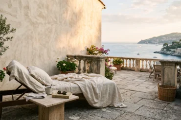 An elegant limestone terrace in Saint-Jean-Cap-Ferrat with cream linen drapes and a view of the Mediterranean sea