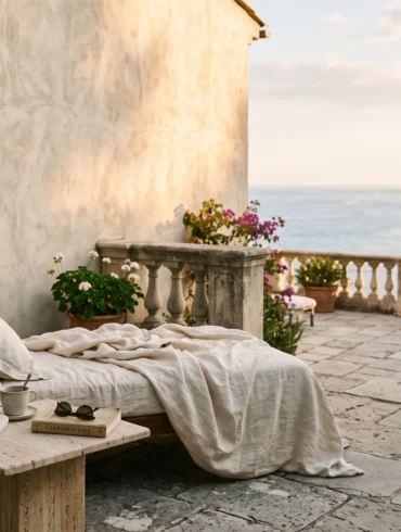 An elegant limestone terrace in Saint-Jean-Cap-Ferrat with cream linen drapes and a view of the Mediterranean sea