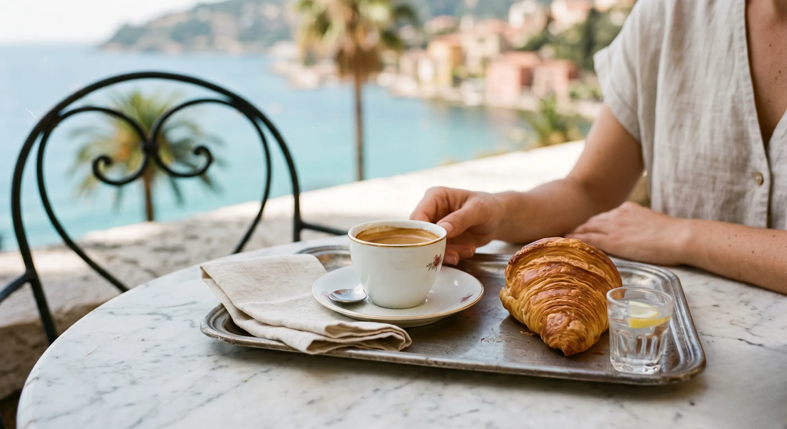 A close-up of espresso and a golden croissant served on a marble table with a soft focus Mediterranean sea background in Nice
