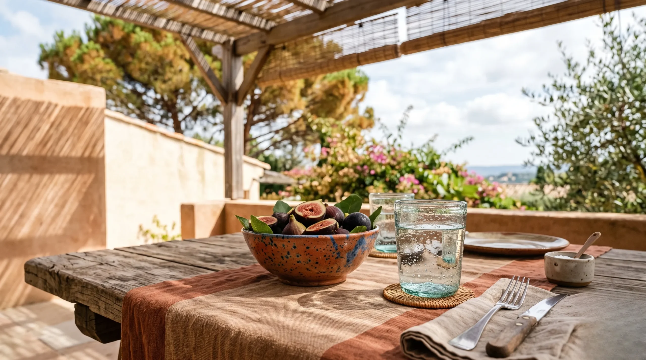 Artisanal Biot glassware and fresh figs on a terracotta linen tablecloth under a sunny pergola. French Riviera aesthetic