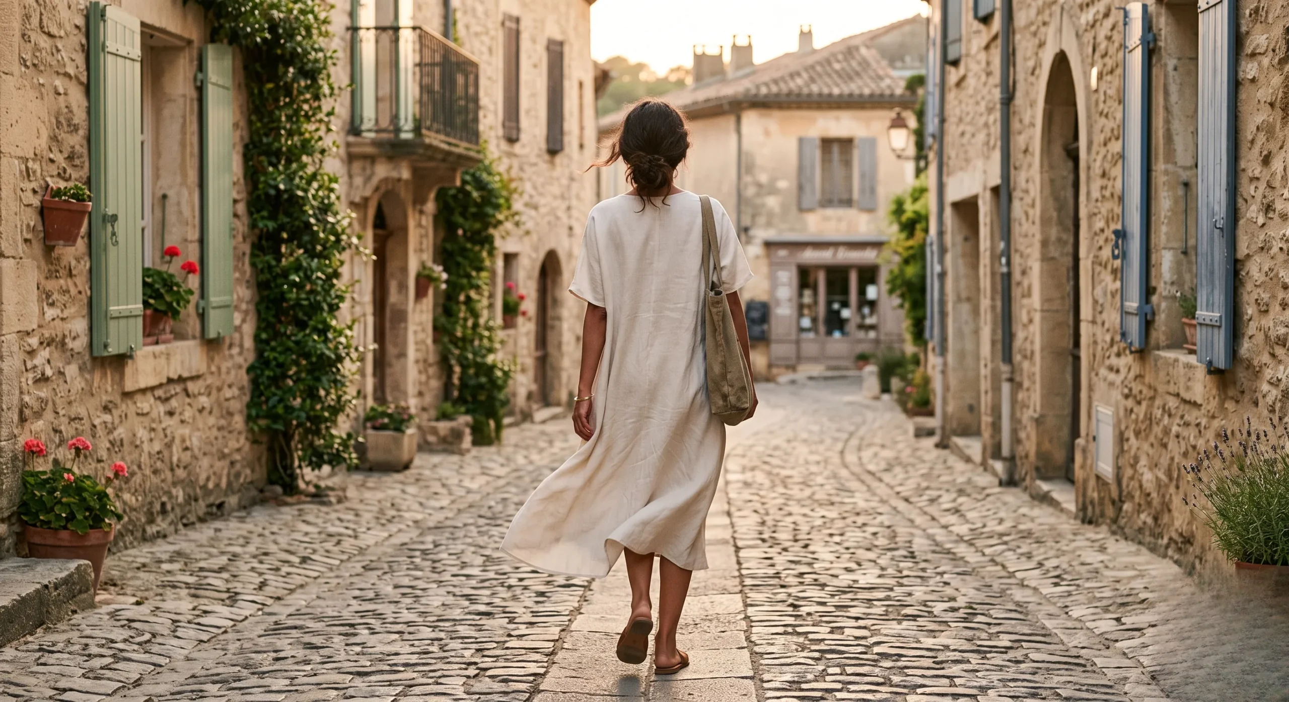 A woman wearing a flowing alabaster linen midi dress walking down a quiet French village street during golden hour
