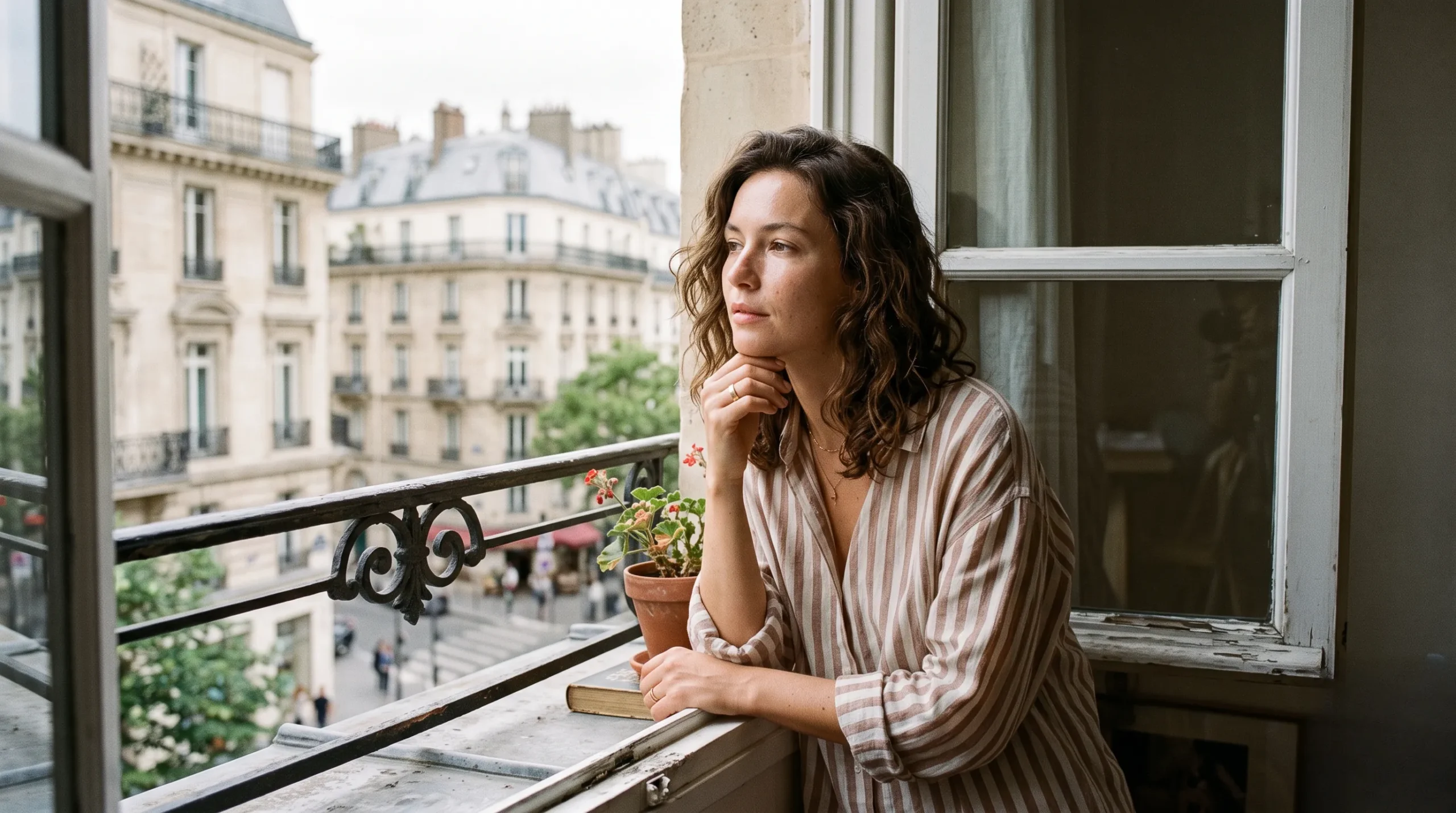 A beautiful chic French woman with effortless wavy hair enjoying the soft morning sun on her bare skin