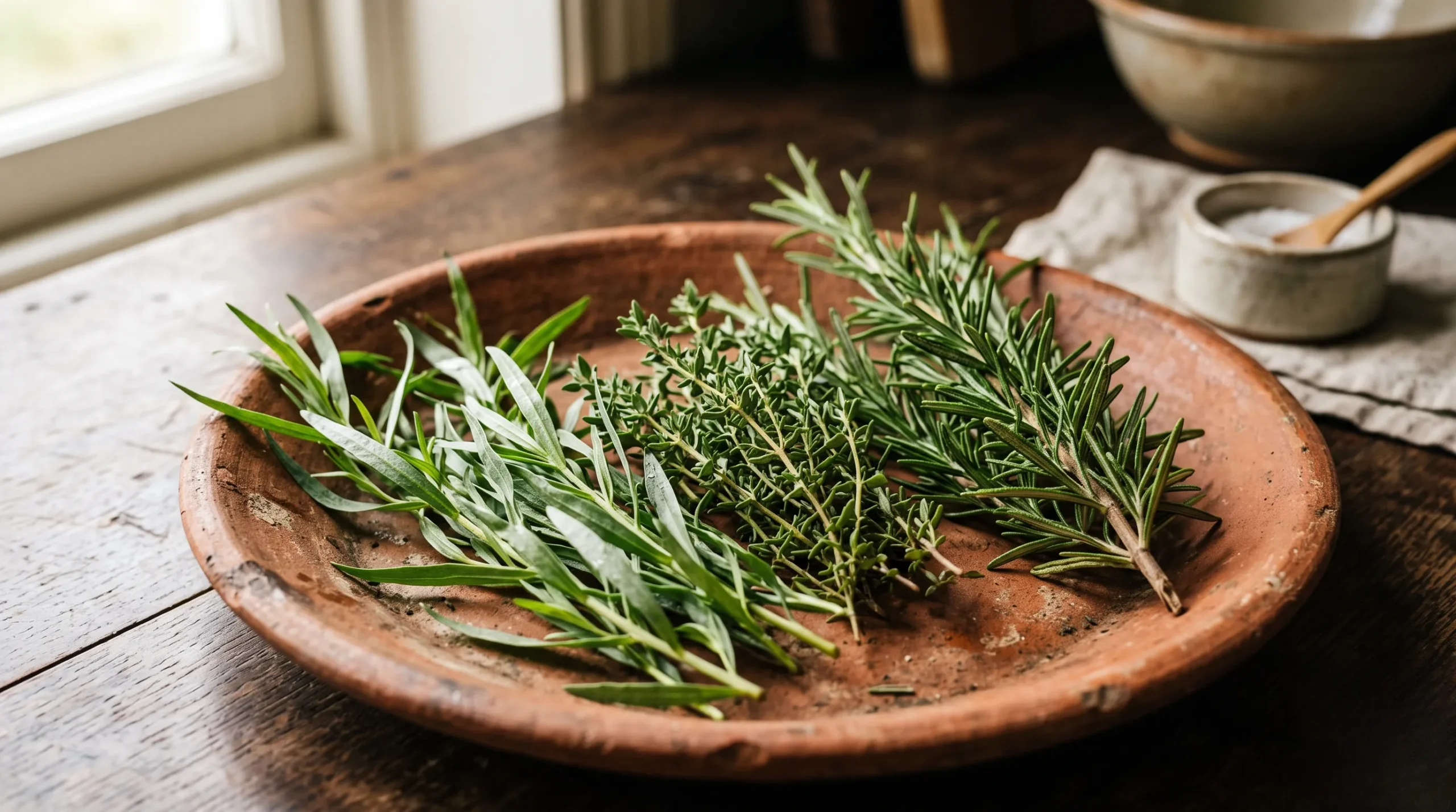 Close up of fresh rosemary and thyme on a terracotta plate