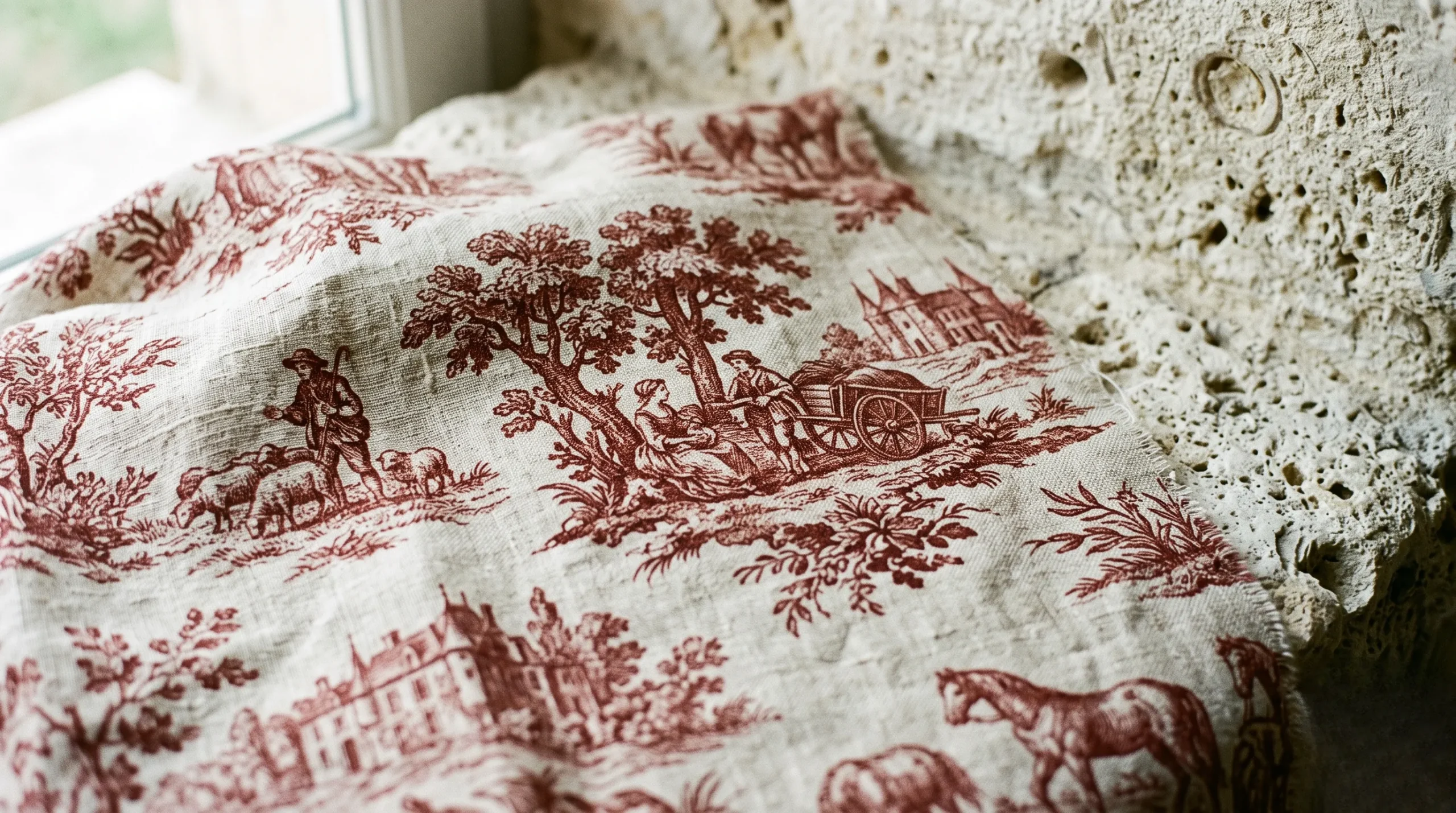 Macro detail of hand-printed Toile de Jouy textile showing copperplate engraving lines on natural flax linen