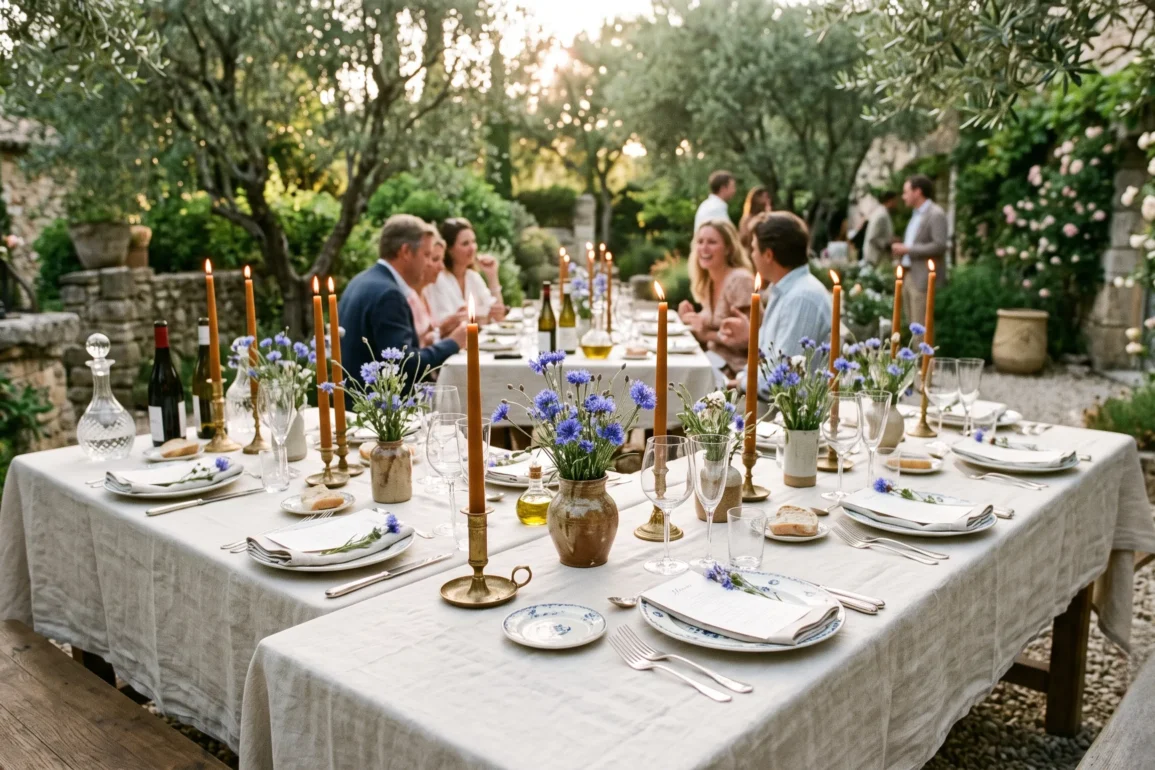 An elegant outdoor dinner table set for Bastille Day with raw alabaster linen, sienna beeswax candles, and wild blue cornflowers in a rustic French garden at golden hour.