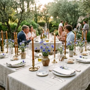 An elegant outdoor dinner table set for Bastille Day with raw alabaster linen, sienna beeswax candles, and wild blue cornflowers in a rustic French garden at golden hour.