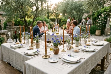 An elegant outdoor dinner table set for Bastille Day with raw alabaster linen, sienna beeswax candles, and wild blue cornflowers in a rustic French garden at golden hour.