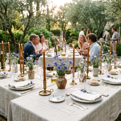 An elegant outdoor dinner table set for Bastille Day with raw alabaster linen, sienna beeswax candles, and wild blue cornflowers in a rustic French garden at golden hour.