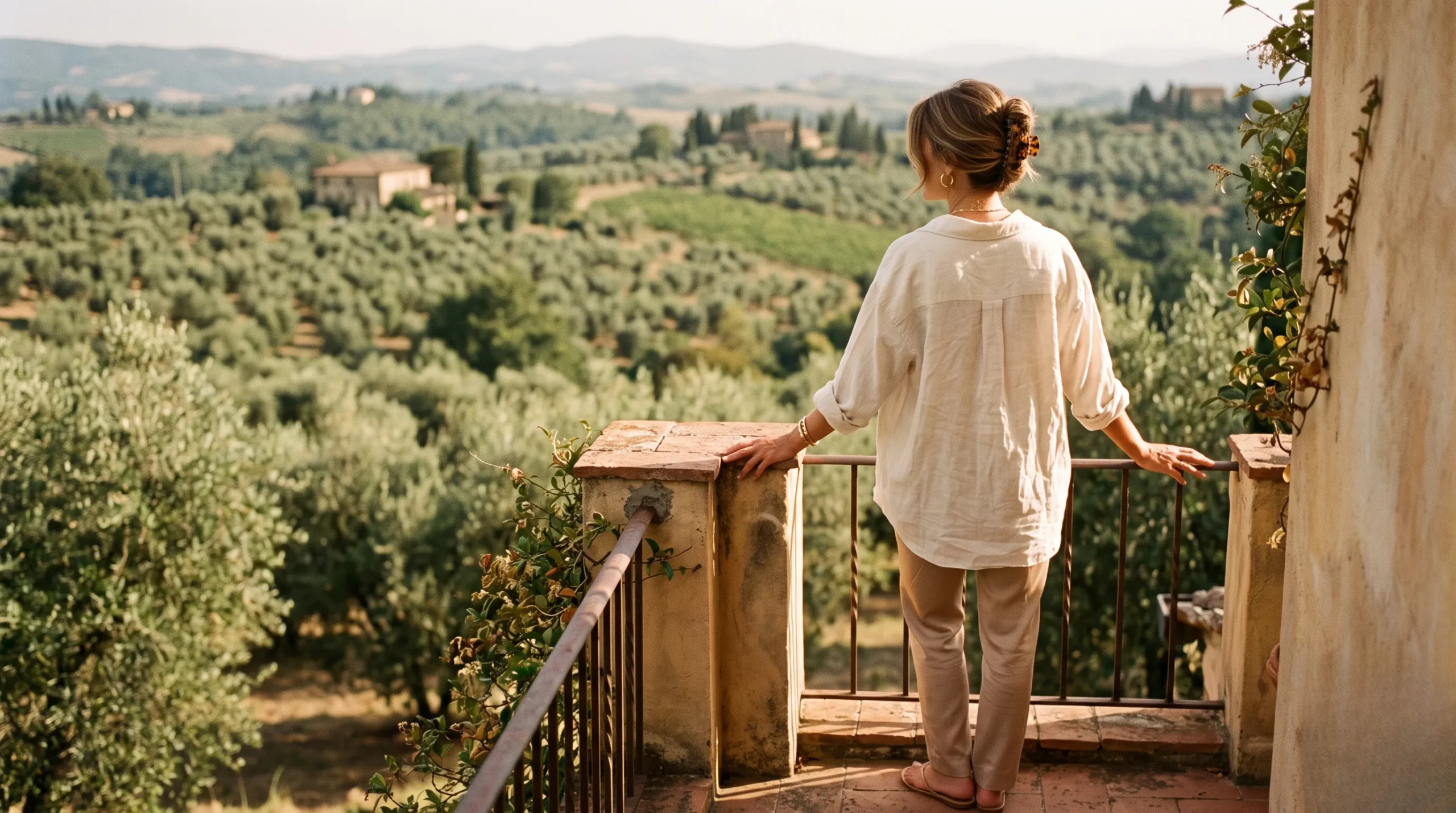 A chic woman in loose cream linen clothing looking out over an olive grove balcony on the Côte d'Azur
