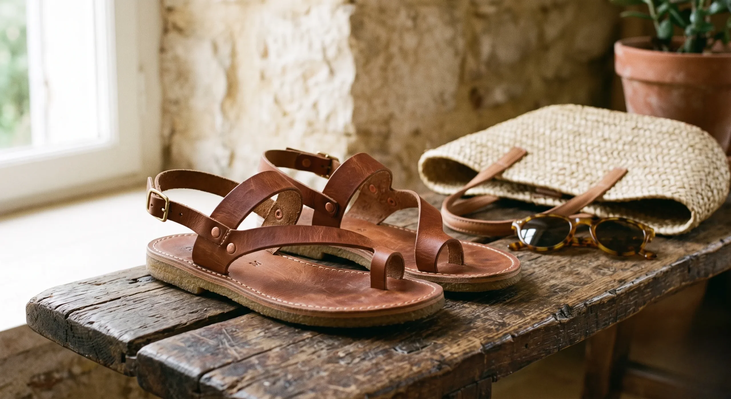 Handmade minimalist leather sandals, a straw tote bag, and tortoiseshell sunglasses resting on a rustic wooden bench