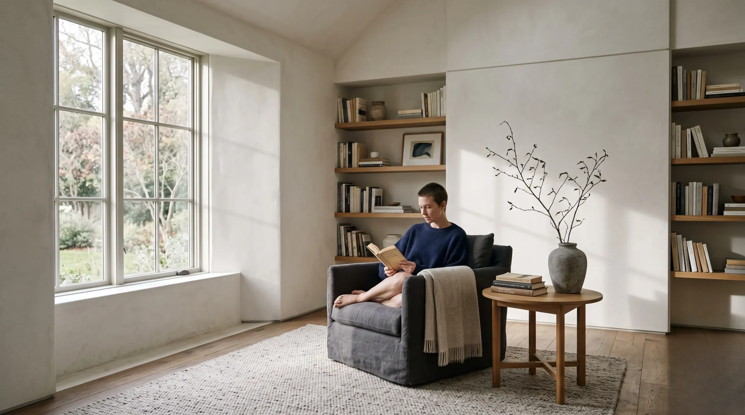 Serene reading nook with natural light and branch decor