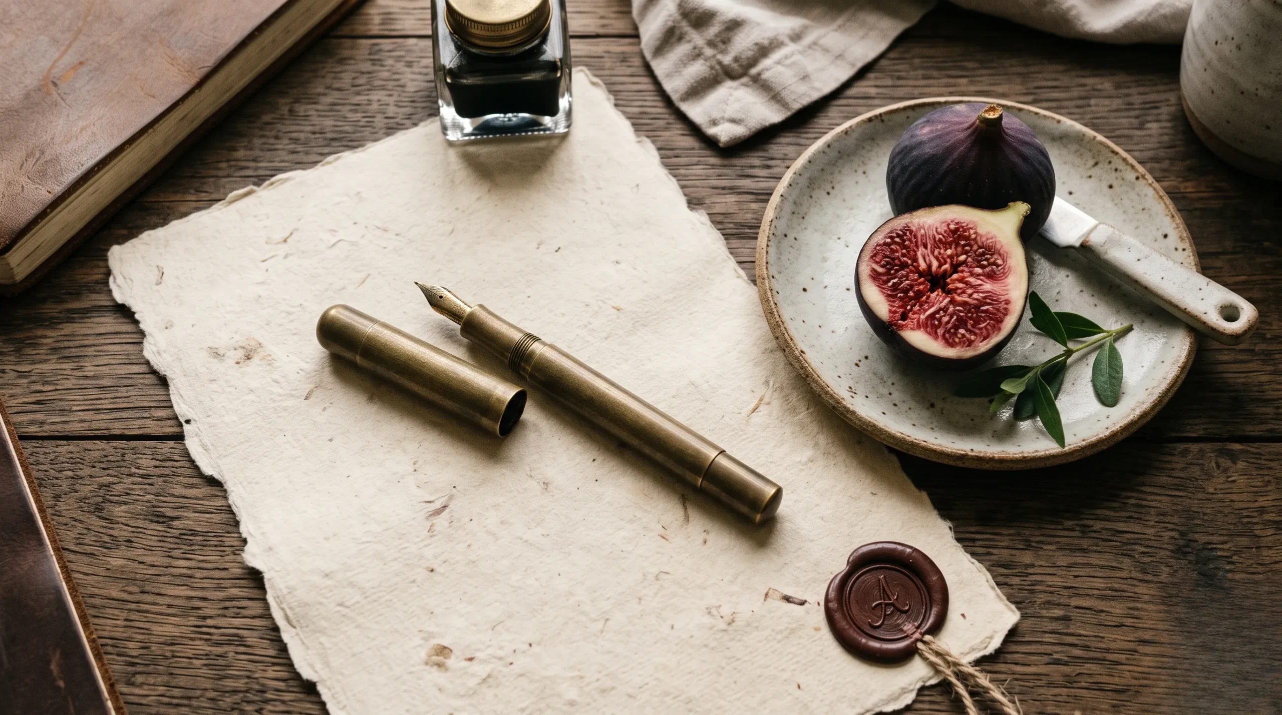 A brass fountain pen on thick parchment paper beside a ripe fig on a ceramic saucer.