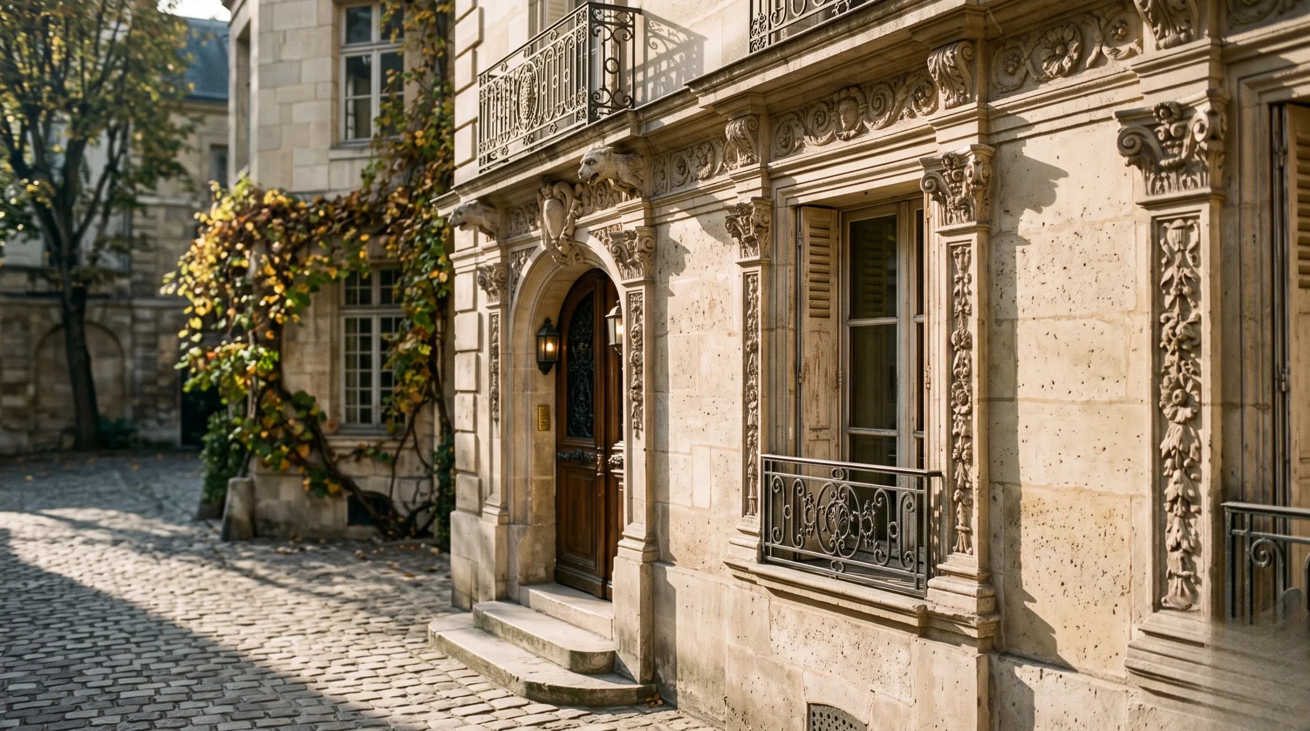 Detail of a hand-carved Parisian limestone building facade during the golden hour of early autumn.