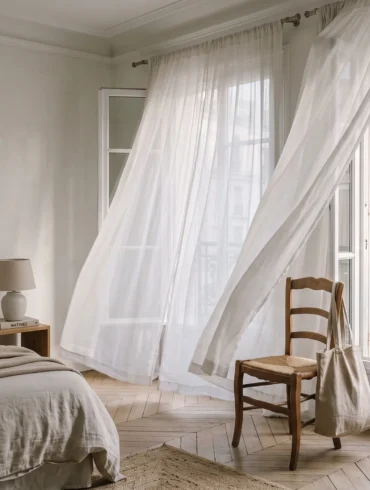 A serene bedroom in Paris with a linen tote bag, evoking a quiet luxury travel mood.