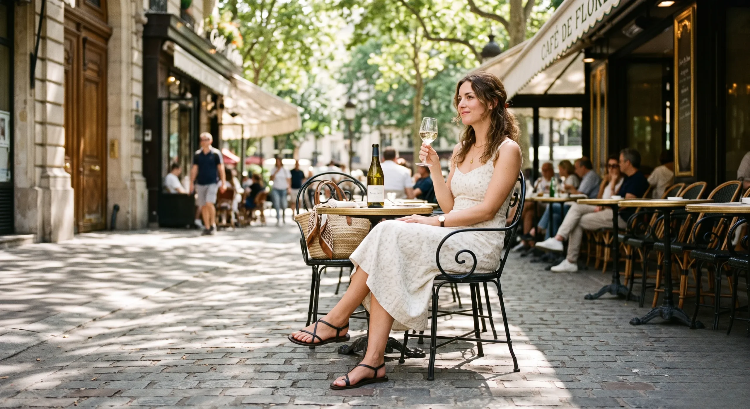 An elegant woman wearing flat minimalist leather sandals seated at an outdoor Parisian cafe table with a glass of white wine