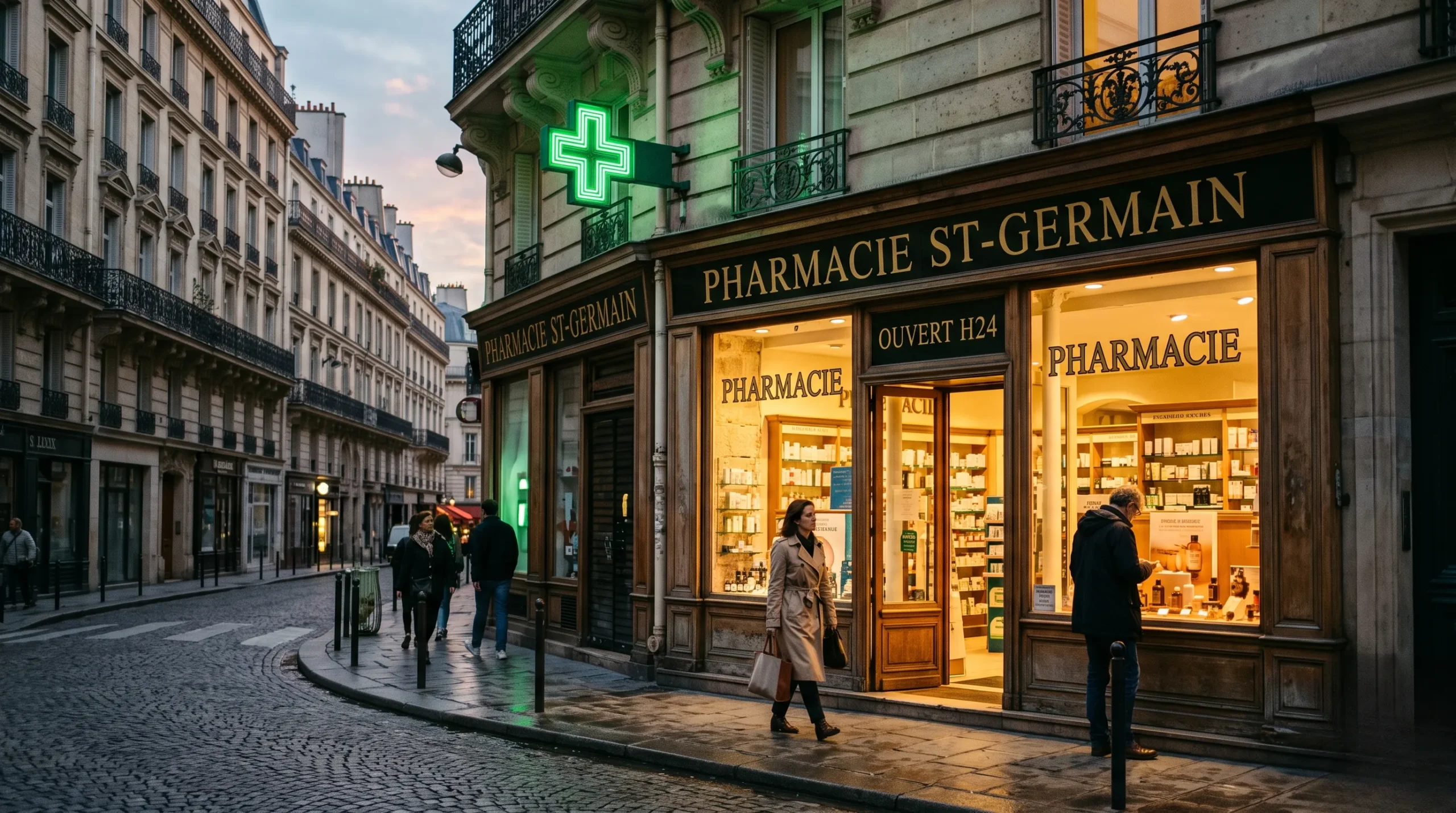 A green neon cross of a classic Parisian pharmacy against a Haussmannian stone building in Saint-Germain-des-Prés