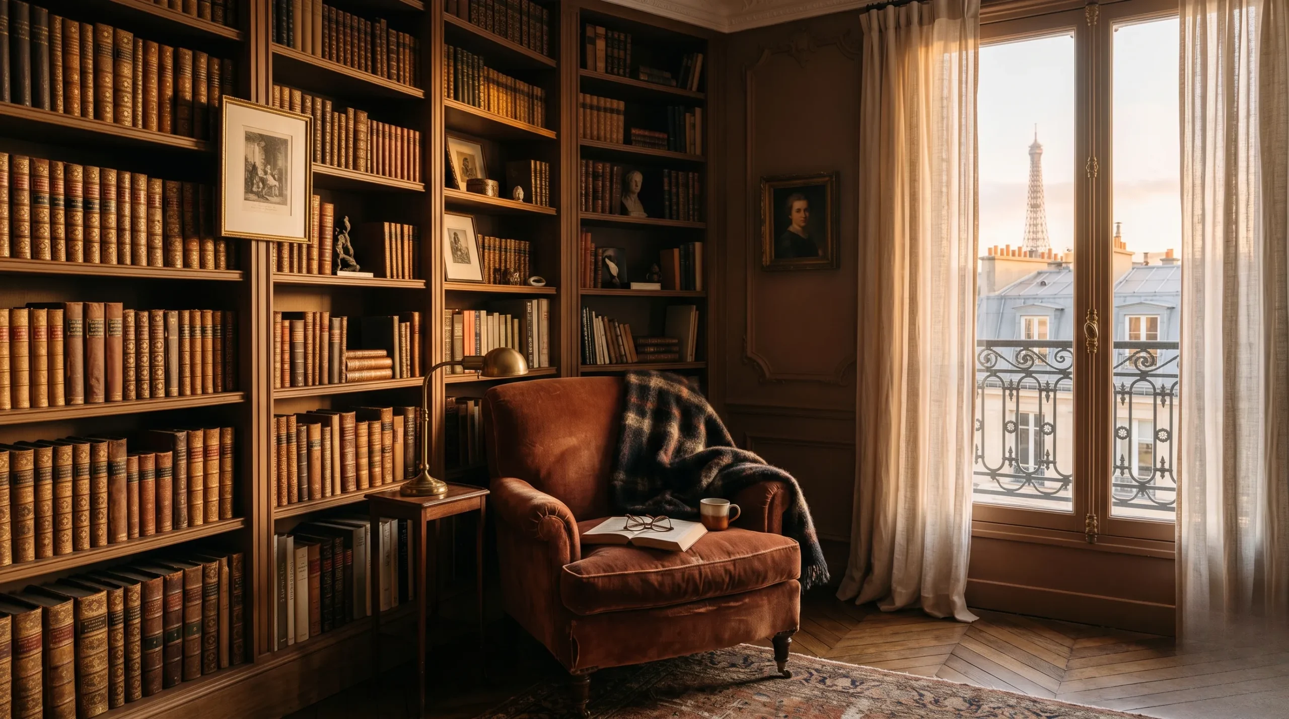 Sophisticated reading corner with velvet chair and bookshelves french literature