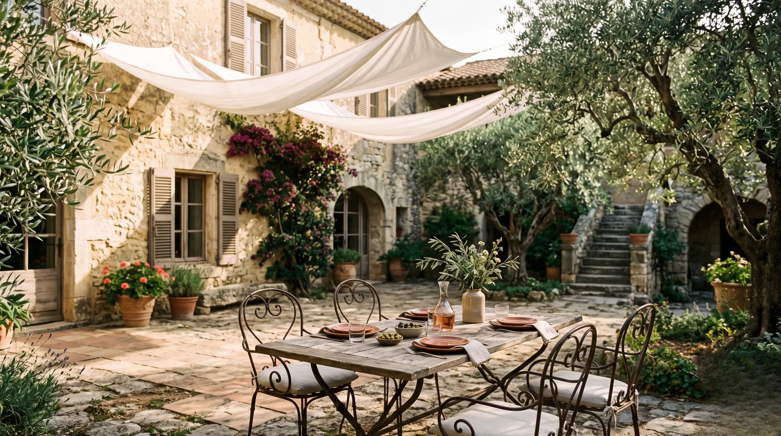 A sun-drenched courtyard of a French country château in Provence with alabaster linen sails and elegant outdoor furniture at golden hour.