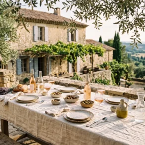 An elegant sun-drenched stone terrace in Provence featuring a dining table set with linen, ceramic plates, and rosé wine under soft olive tree shadows.